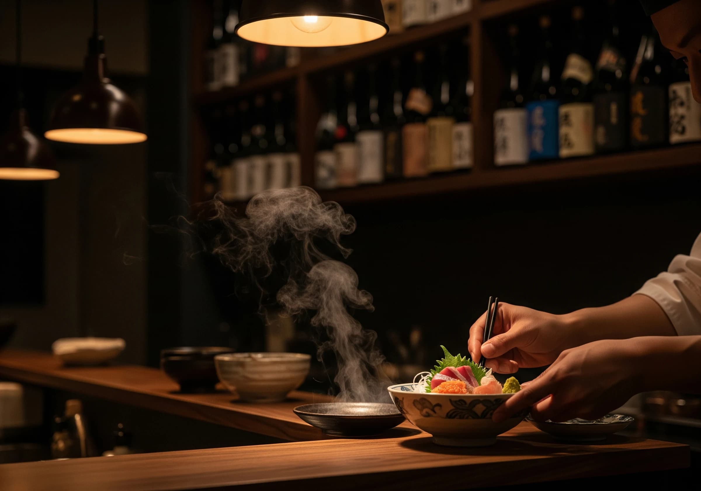 お椀を盛り付けるオーナーの手元